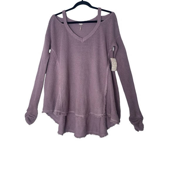 New Free People Purple Moonshine Cold Shoulder Sweater Medium Woven Knit Boho - Picture 2 of 10